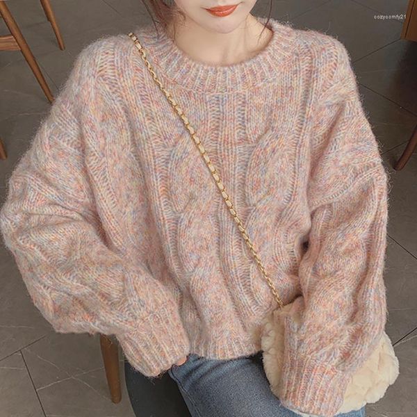 Pulls pour femmes Style japonais rose pull torsadé automne hiver épais recadrée pull tricoté lâche tricot chemise hauts Blouse