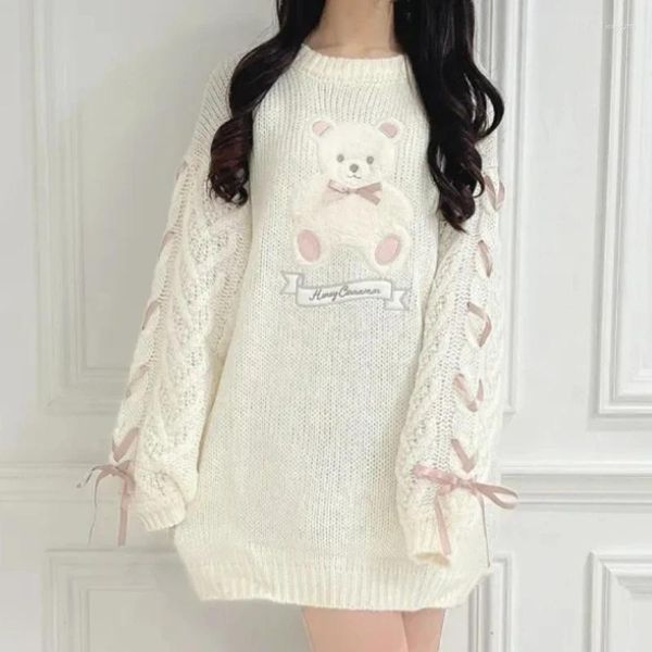 Pulls pour femmes Style japonais Kawaii Lolita Pull tricoté Femmes Mignon Dessin animé Ours Broderie Bow Bandage Pull Femme Sweet Chic