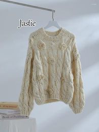 Suéteres de mujer Jastie Soft Women Sweater 2024 Primavera Otoño O Cuello de manga larga Jersey de punto Top Boho Flower Hollow Loose Casual Knit