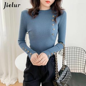 Chandails pour femmes Jielur 7 couleurs automne coréen pull demi-col roulé boutons minces tricot pull simple basique haut bleu gris