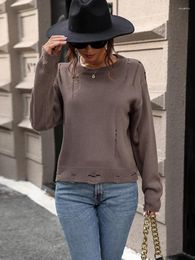 Suéteres de mujer JIM NORA Color sólido desgastado Otoño e Invierno Top Casual Cuello redondo Manga larga Moda Retro Jersey Suéter