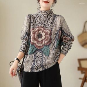 Damestruien Johnature Herfst Winter 2023 Dames Vintage Print Ronde hals Ruimvallend Casual Render Lange mouwen Breien Vrouwelijk