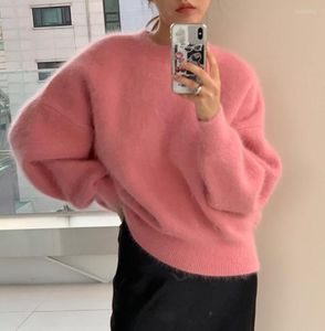 Dames truien JSXDHK Koreaanse vrouwen roze ronde kraag mohair gebreide mode herfst winter nertsen kasjmier dikke warme zachte losse pullover