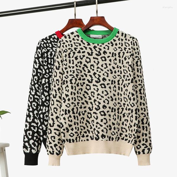 Suéteres para mujer, suéter de punto para otoño e invierno, suéter coreano de gran tamaño para mujer, jersey de mezcla de lana de Jacquard de leopardo para mujer