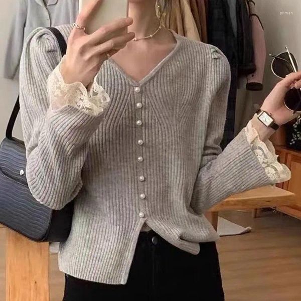 Pulls pour femmes Jumper Femmes Automne Printemps Tricoté Dentelle Manches V Col Pull Pull Casual Simple Basic Jumpers 2024