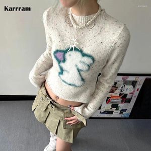 Suéteres para mujer Karrram Japonés Y2k Recortado Vintage Conejo Bordado Punto Jersey Mujeres Coreano Moda Flare Manga Jumpers Lindo