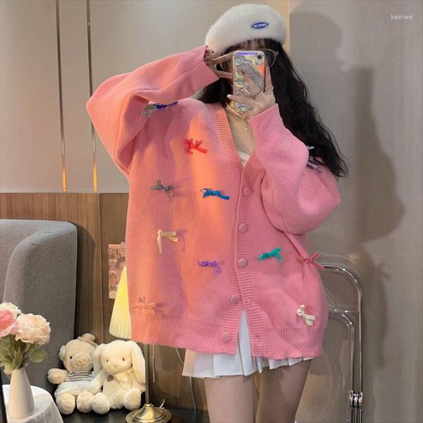 Suéteres de mujer Kawaii Girl Bowknot Cardigan Sweater Mujer Otoño de un solo pecho Cuello en V Mujeres Rosa Azul Punto Suelto Chaqueta de gran tamaño