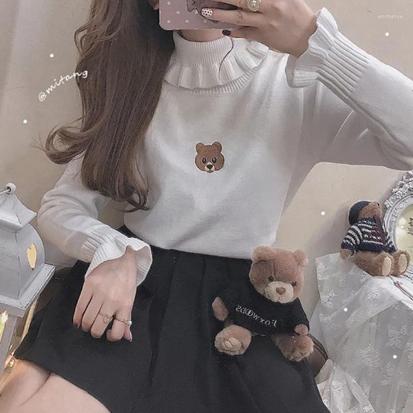 Suéteres de mujer Kawaii Jersey de cuello alto suéter de mujer Tops de punto de manga larga dulce lindo oso niñas estudiante delgado básico estilo coreano