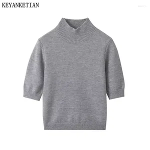 Chandails pour femmes keyanketian 2024 lancement col montant à manches courtes gris pull pull mode d'été simplement mince culture tricoté haut