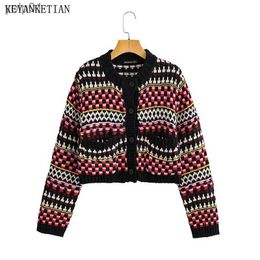 Chandails pour femmes Keyanketian automne et hiver femmes Vintage Jacquard tricoté Cardigan ethnique rétro coloré court pull veste femmes TopL231018