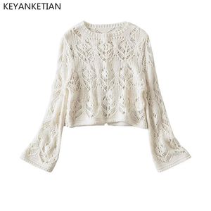 Suéteres de mujeres Keyanketian Spring Autumn Hook Flower Flower Manga acampanada Cuello Cuello Mujeres Boho estilo beige Top 230815 230815