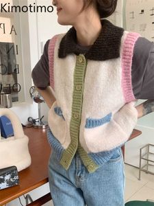Pulls pour femmes Kimotimo Contraste Couleur Revers Gilets en tricot Femmes 2022 Nouveau Automne Overlap Cardigan sans manches Coréen Designer Pull Tops J220915