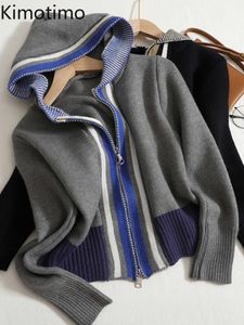 Dames truien kimotimo capuchon dubbele rits bijgesneden vest 2022 herfst winter colorblock ontwerp gebreide jasje Koreaanse chique trui met lange mouwen J220915