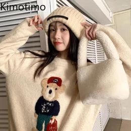 Pulls pour femmes Kimotimo Pulls Femmes Style coréen Ours Jacquard Doux Tops tricotés 2024 Automne Hiver Doux O-Cou Mode Lâche