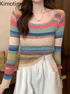 Suéteres de mujer Kimotimo Rainbow Striped Knitted Depression Tops Mujeres Otoño Basic Slim Crop Sweater Korean Chic Long Sleeves Design Sweater J220915