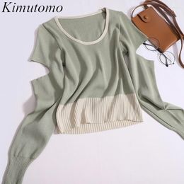 Suéteres de mujer Kimutomo elegante ahueca hacia fuera el contraste de color suéter mujer suave o-cuello mangas largas simple versátil tejido jersey ins