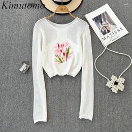 Pulls pour femmes Kimutomo Vintage Couleur Contraste Tulip Imprimer Creux Out Tricot Pull Femme Élégant O-Cou Manches Longues Polyvalent Simple