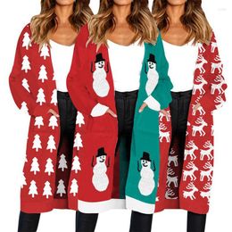 Pulls de femmes Kintted Christmas Snow Snow Deer Print Long Pull Cardigan Automne Hiver Sleeve Casual Goched Pocket Warm's M manteau