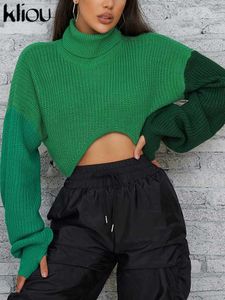 Vrouwen Truien Kliou Gebreide Patchwork Trui Vrouwen Hipster Coltrui Losse Onregelmatige Vorm Kleur Match Crop Tops Lady Casual Street Kleding L230718