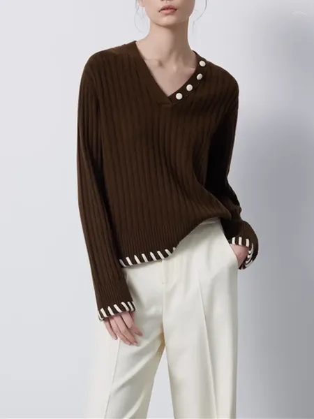 Suéteres de mujer suéter de punto 2023 diseño de botones de cachemira cuello en V contraste de Color Casual jersey de manga larga