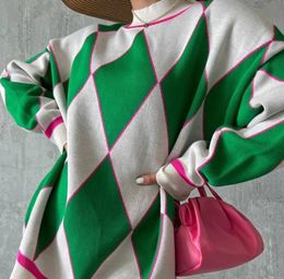 Pulls pour femmes pulls tricotés contraste couleur losange motif pull robe rétro dame ample confortable mi-long pull
