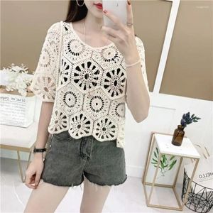 Chandails pour femmes tricotés haussement d'épaules femmes style bohémien manches mi-longues dentelle haut court tricot vêtements d'extérieur évider pull géométrique hauts