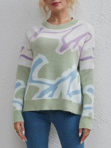 Pulls pour femmes Pull tricoté Femmes Vintage Mode Contraste Couleur Imprimer Pull Dames Automne Hiver Casual Manches Longues Surdimensionné