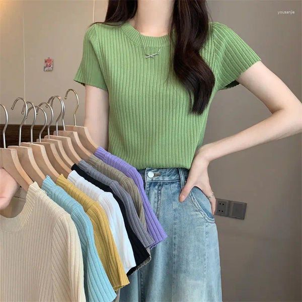 Pulls pour femmes T-shirts tricotés Pull T-shirt à manches courtes Fille à la mode Cropped Top Pulls côtelés Vert O Cou Vêtements