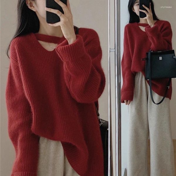 Pulls Femme Tricots Femme Pull Rouge Couleur Unie Dans La Conception Féminine Sentiment Petite Machine À Vent Tricot A