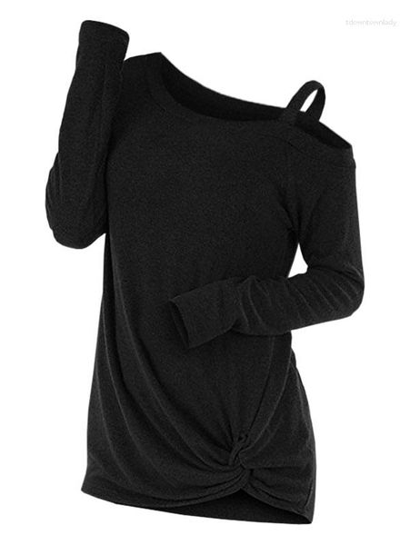 Suéteres de mujer con cuello sesgado anudado para mujer, camisetas de moda de punto recortadas de manga larga para primavera, camisas sólidas informales para mujer, hombros caídos