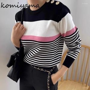 Dames truien komiyama hit kleur gestreepte trui ronde nek lange mouw dames kleding chic button ropa mujer veer losse pullover tops