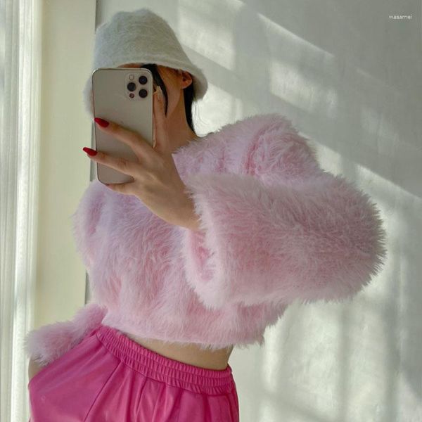 Suéteres de mujer Corea Chic cuello redondo de felpa Mohair suéter de manga larga jersey de punto corto femenino dulce rosa suéter de punto otoño mujeres