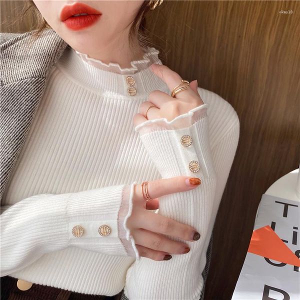 Suéteres de mujer estilo coreano encaje volantes cuello suéter de mujer moda patchwork delgado tejido puente elegante manga larga punto top