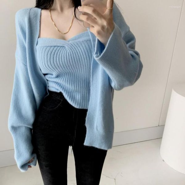 Suéteres de mujer coreano Chic temperamento Slim Knit Suspender chaleco suave manga larga cárdigan suéter abrigo conjunto de dos piezas traje de mujer