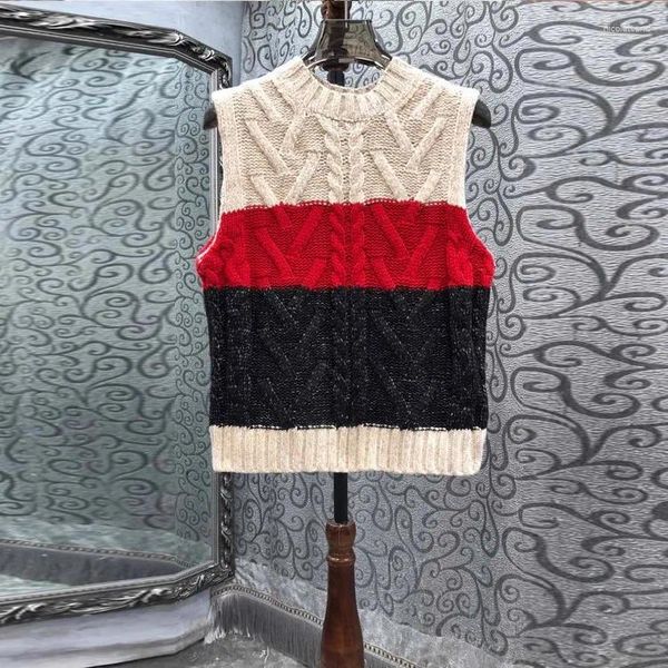 Suéteres de mujer moda coreana 2023 Otoño Invierno chaleco Top señoras lana torcido tejido sin mangas Casual Color bloque jerseys