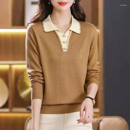 Damestruien Koreaanse mode herfsttrui kleurblokkerende polokraag knop patchwork lange mouw schroefdraad gebreide top