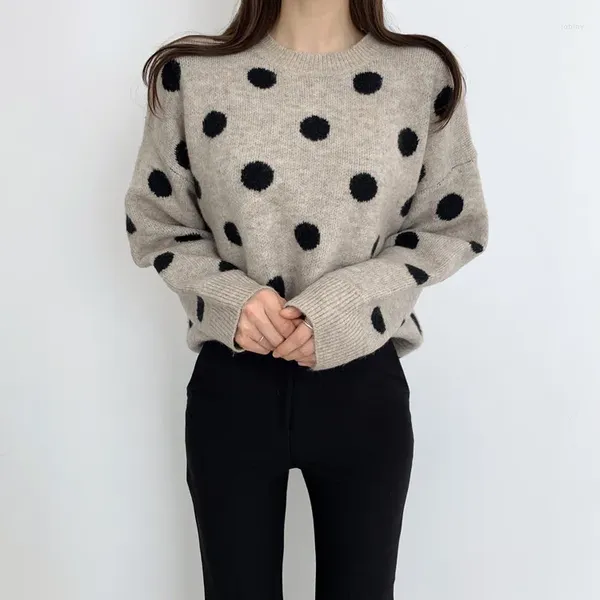 Suéteres de mujer moda coreana lunares cuello redondo prendas de punto de Cachemira Otoño Invierno grueso suéter adelgazante suelto temperamento lana