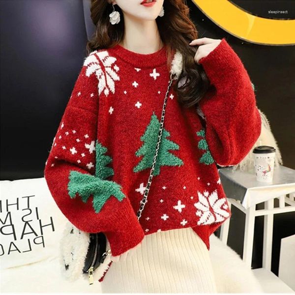 Suéteres de mujer Moda coreana Red Mujeres Suéter de Navidad Divertido Lindo Árbol Copo de nieve Manga larga Punto Empalmado Jersey Jumper Tops