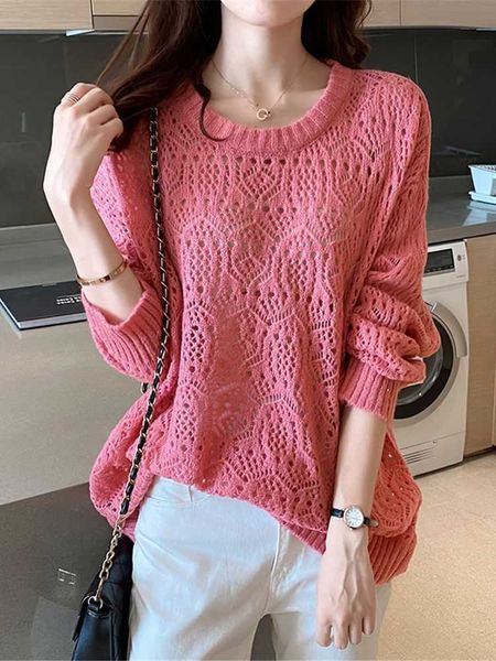 Suéteres de mujer Moda coreana Thin Cool Pull Jumpers Yellow Ohals Mesh Tops Ladies Mesh Shirt Hollow Out Summer Loose Knitted Sweater Tops J220915