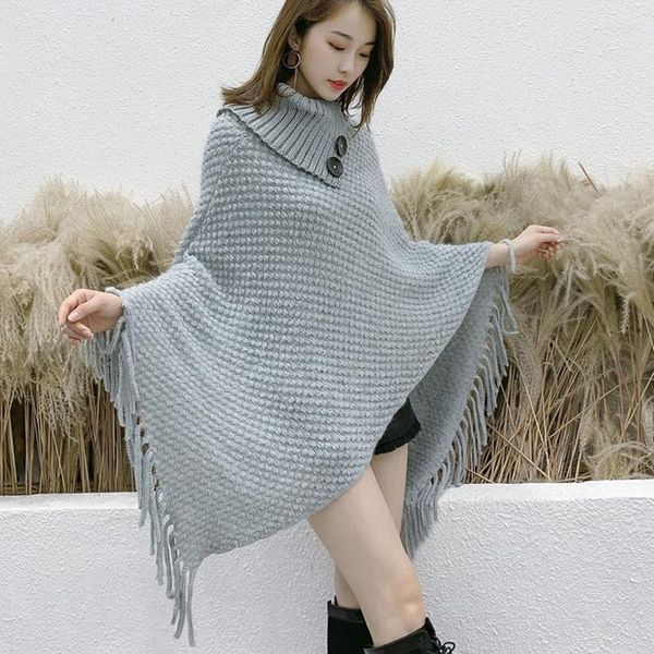 Suéteres para mujer Moda coreana Mujeres Cabo Mantón largo Casual Suéter suelto Botón Cuello alto Jerseys Borla Tops Ropa de punto sólido