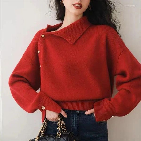 Suéteres de mujeres Botones de oro coreano Turtleneck Séter Outumn Winter Vintage Color de punto sólido Cárdigan de punto para mujeres Tops de tejido T271