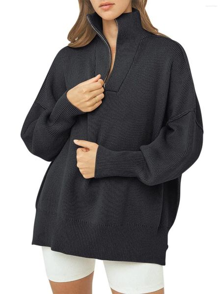 Pulls pour femmes coréen tricoté pull à col roulé femmes automne hiver fermeture éclair couleur unie pulls à tricoter pull femme polo