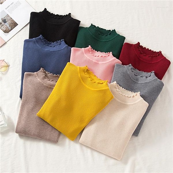 Suéteres de mujer Suéter de punto coreano Suéter de manga larga Camisa de fondo Otoño Invierno Slim Medio cuello alto Soft Jumper Tops