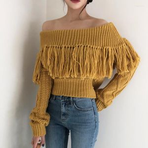 Dames truien Koreaanse off -schoudertrui trui vintage gele vrouwen losse lange mouw twist pullovers 2023 sexy crop jumper