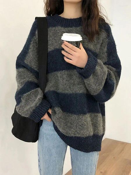 Suéteres de mujer Suéter de gamuza con paneles coreanos Jerséis O-cuello suelto a rayas Ropa casual suave Otoño Invierno Cálido Mujer Chic