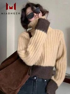 Dames truien Koreaanse stijl kleding contrast gebreide coltrui trui voor vrouwen lange mouw warme los gesplitste herfst wintermode