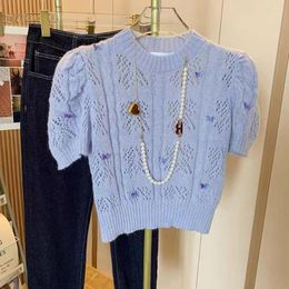 Pulls pour femmes Style coréen Doux Doux Tops tricotés Rose Bleu Manches bouffantes 3D Papillon Creux Mince Pull T-shirts Été 2023 Tees