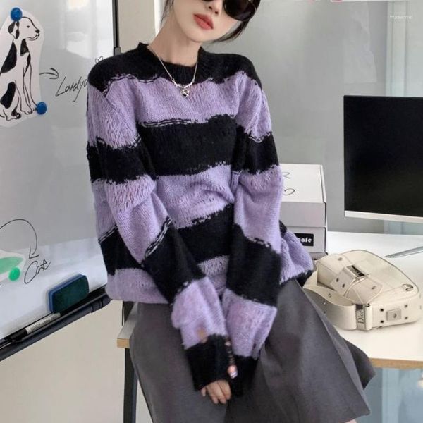 Suéteres de mujer estilo coreano Grunge suéter de rayas púrpura mujeres ahuecan hacia fuera el Top de punto de gran tamaño Harajuku Vintage Jumper