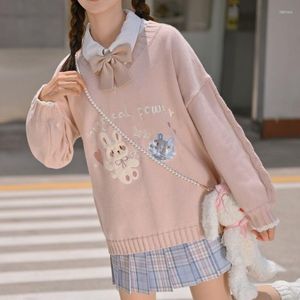 Suéteres de mujer, suéter rosa Kawaii de estilo coreano, jersey de gran tamaño de manga larga con dibujos animados a la moda, Top de punto japonés bonito