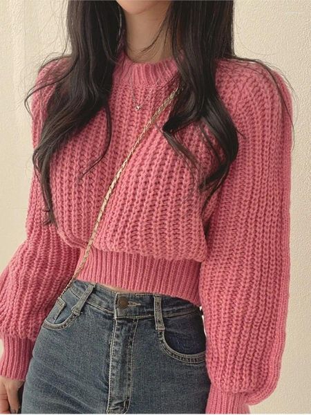 Suéteres de mujer estilo coreano rosa manga abombada suave ceroso Casual suéter Otoño Invierno moda suelta Color sólido Jersey tejido